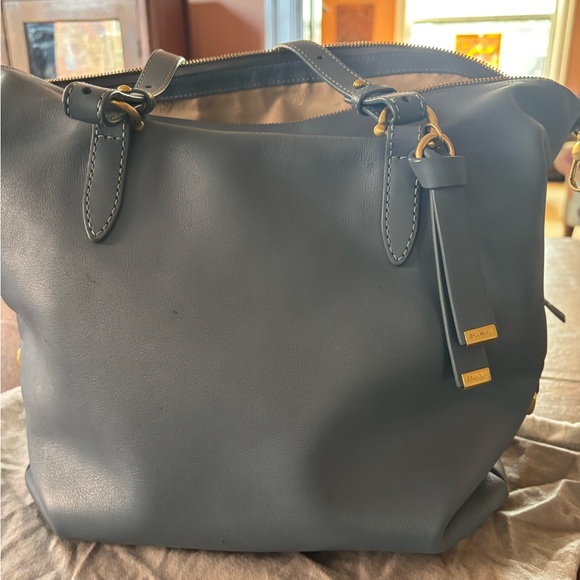 Brahmin Gray and Blue Tote with Gold Hardware